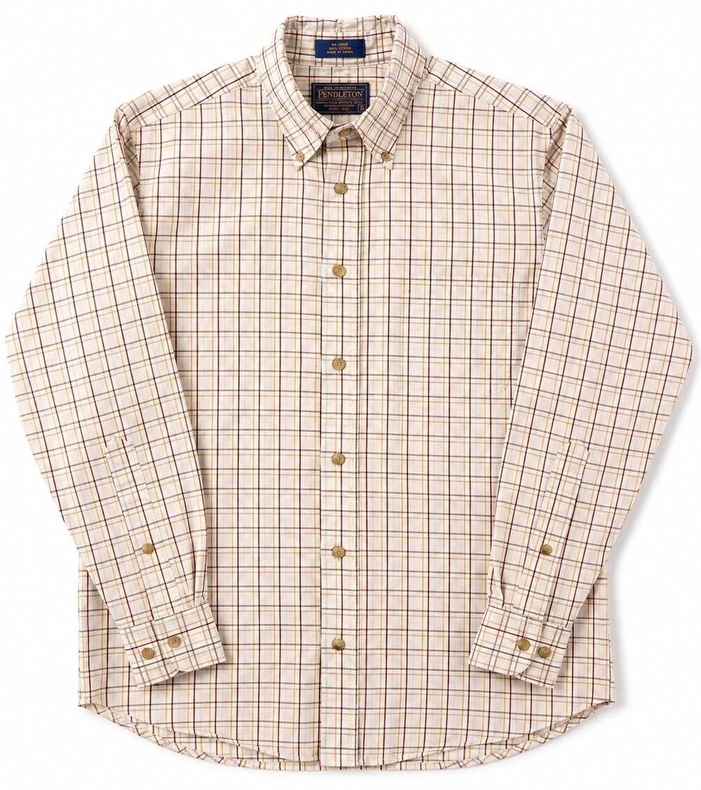 Pendleton Men’s Small Plaid Cotton Button-Down Shirt Long Sleeve Tan Burgundy